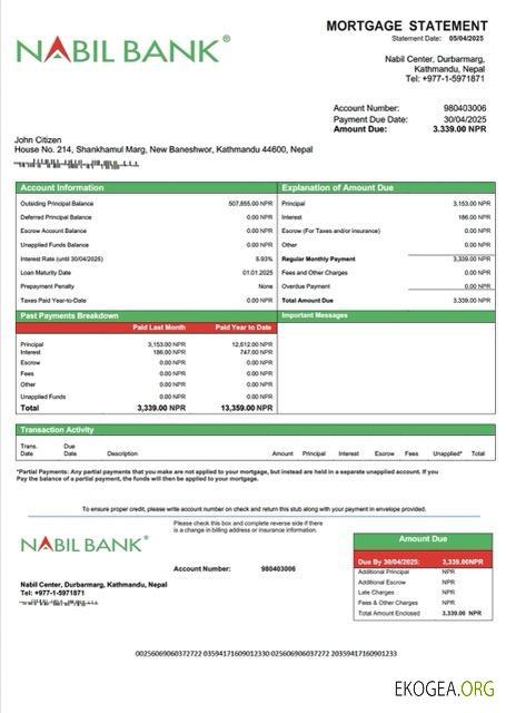 Modèle Word et PDF de relevé hypothécaire de la Nabil Bank du Népal